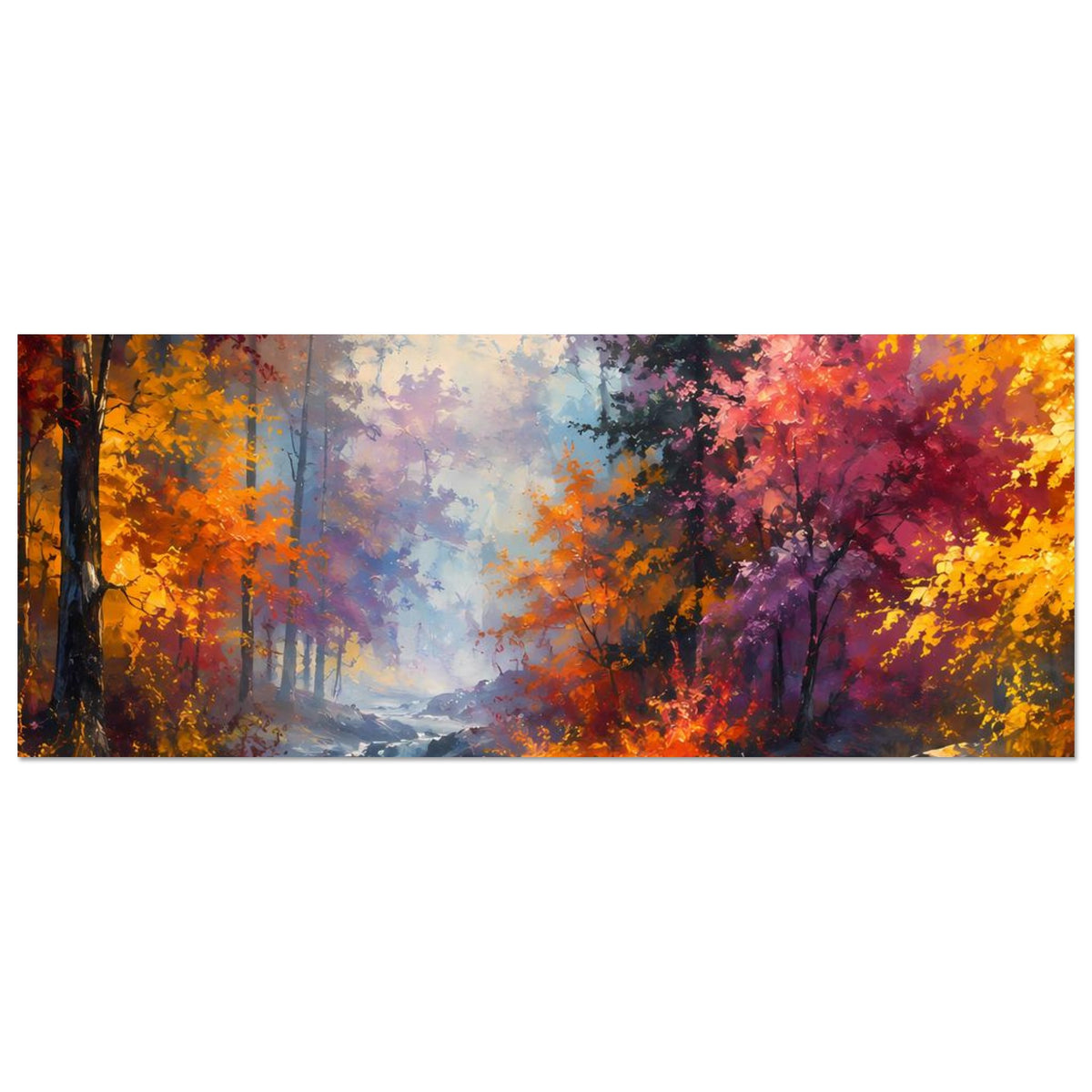 Horizontales Herbstwald-Panorama-Poster mit Fluss, Felsen und farbenfrohen Bäumen
