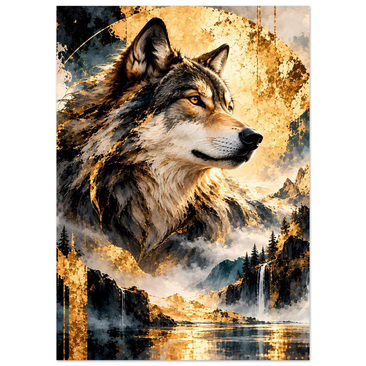 Wolfskunstposter mit Vorderansicht eines Wolfs und goldenen Akzenten, Winterwald- und Flussmotiv