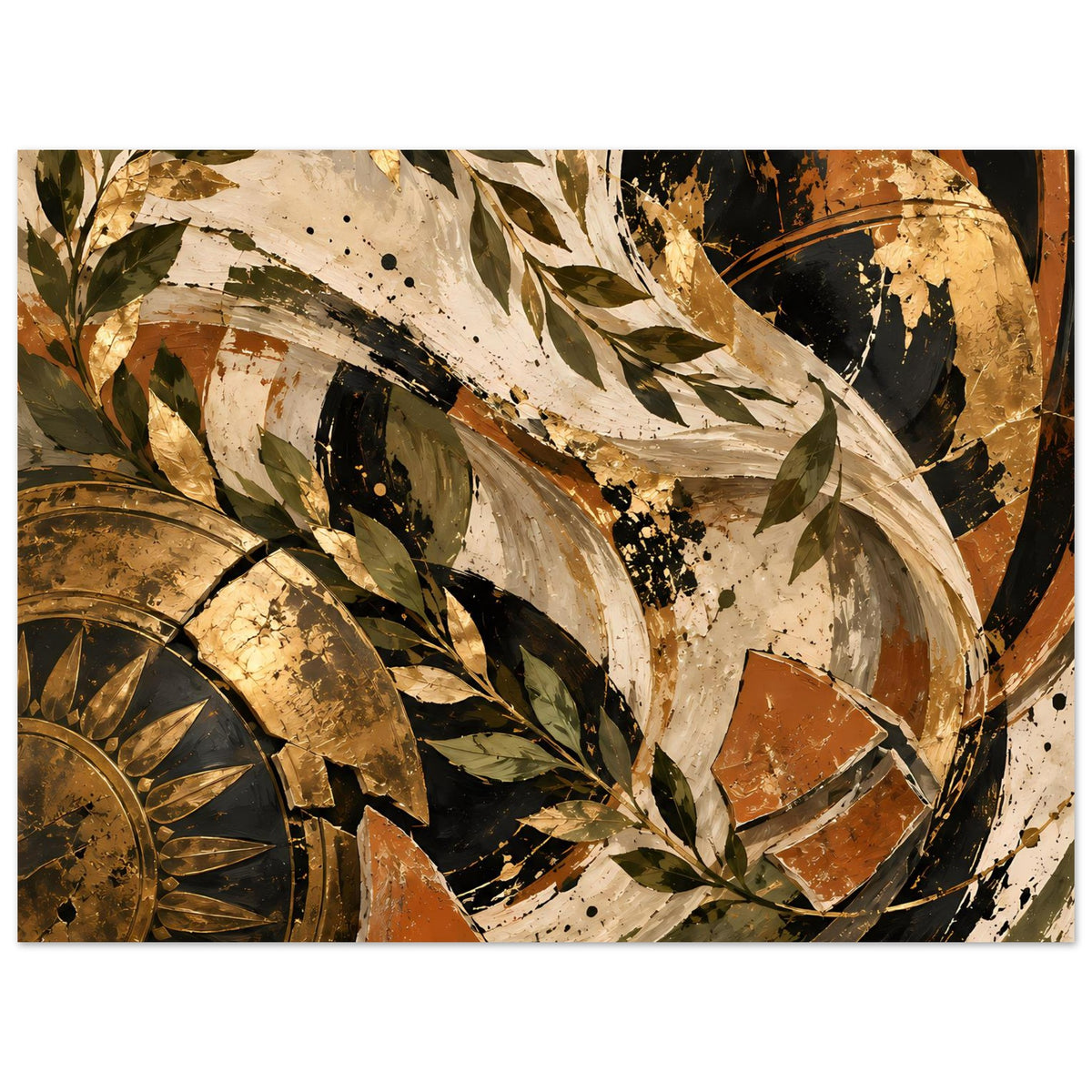 Poster mit Blattzweigen und dunklen Kreisformen, Farbtöne Gold, Beige, Rost und Oliv.