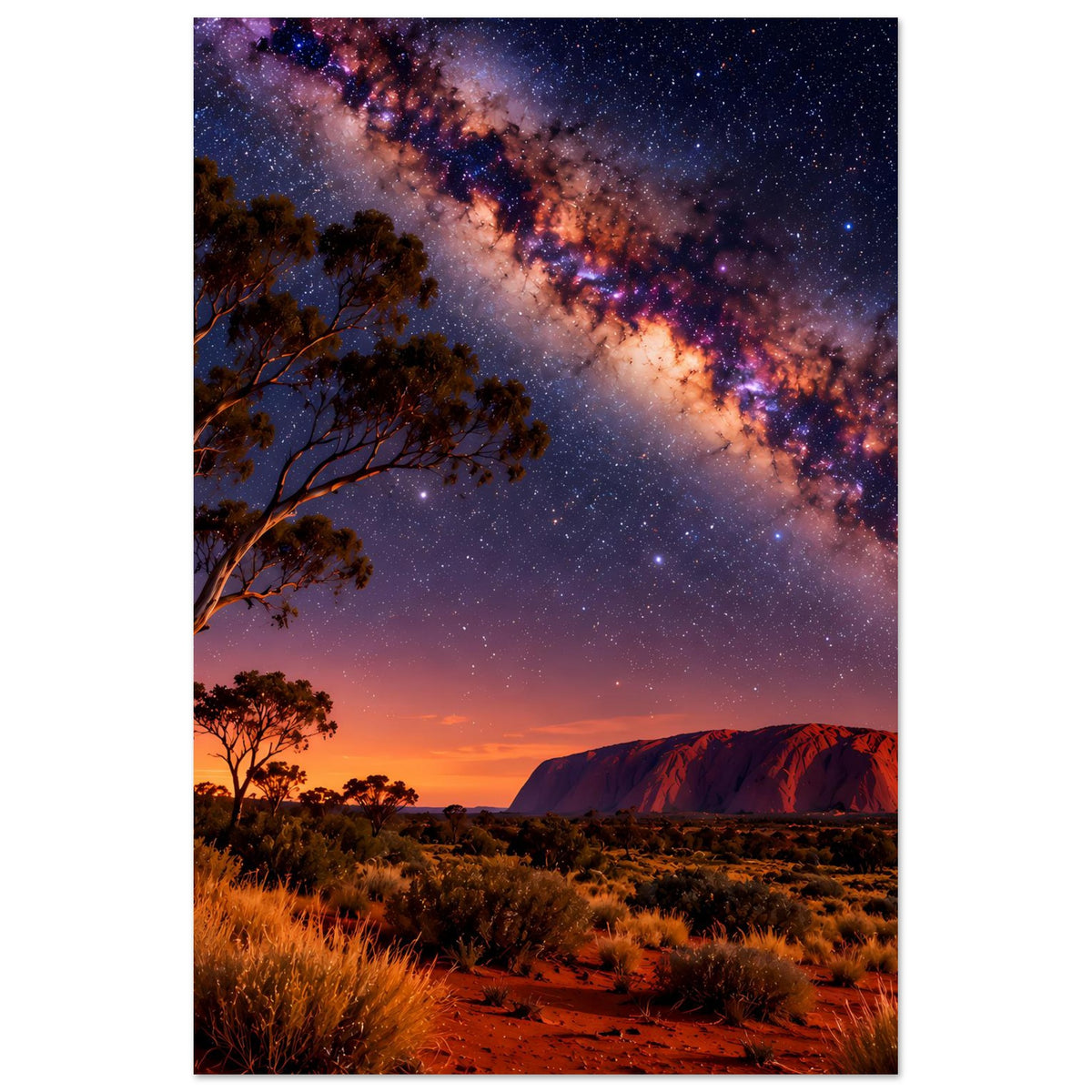 Vertikales Wüstenlandschaft-Poster: sternenreicher Himmel, Milchstraße und roter Felsen