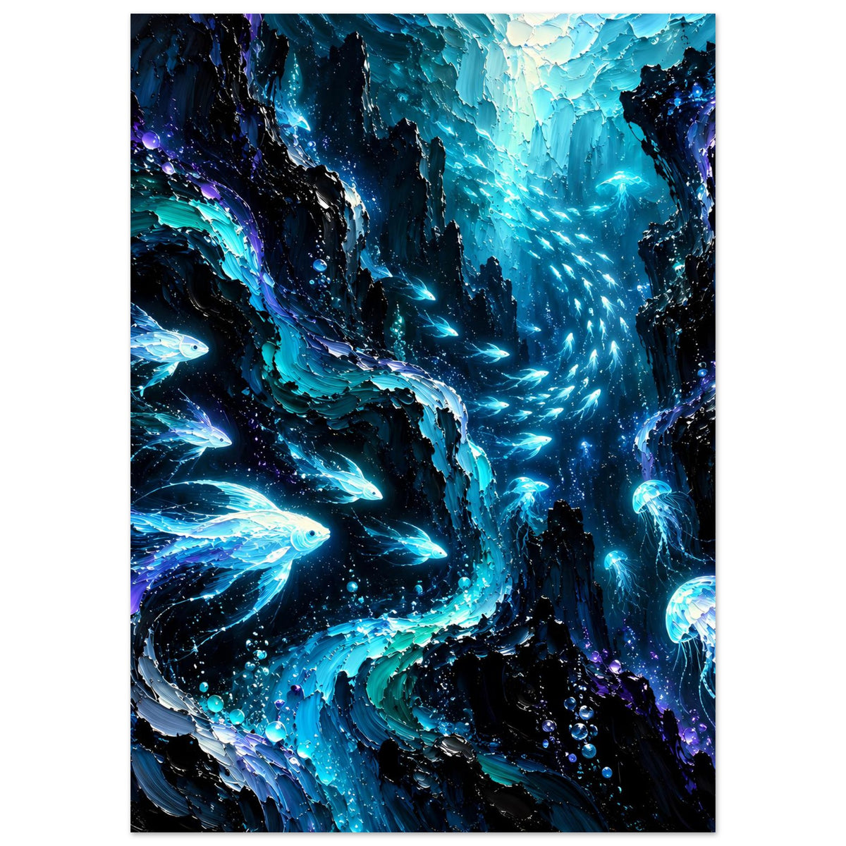 Leuchtendes Meeresleben-Poster mit tiefblauer Unterwasserwelt, Fischen und glühenden Quallen
