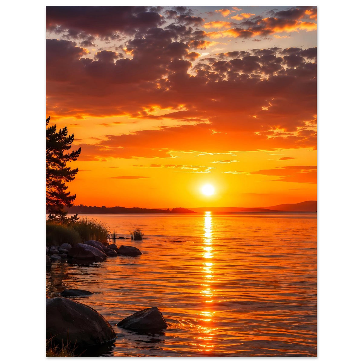 Wandposter, vertikal: orange Sonnenuntergang über See, Baum links, glänzendes Wasser