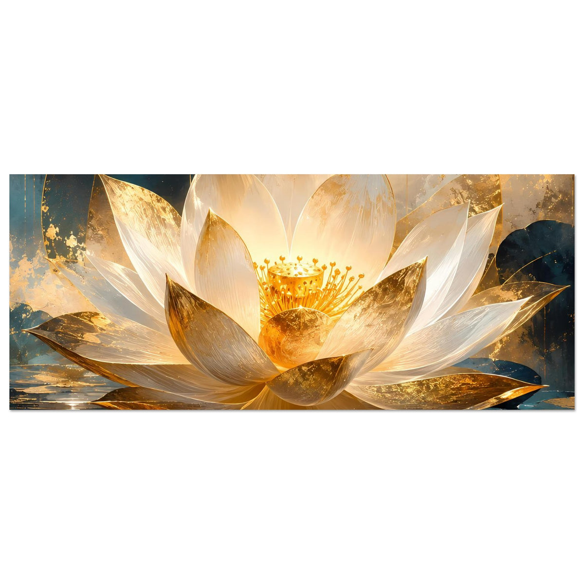 Kunstposter im Querformat mit goldener Lotusblüte, weißen Blütenblättern und Wasserreflexion