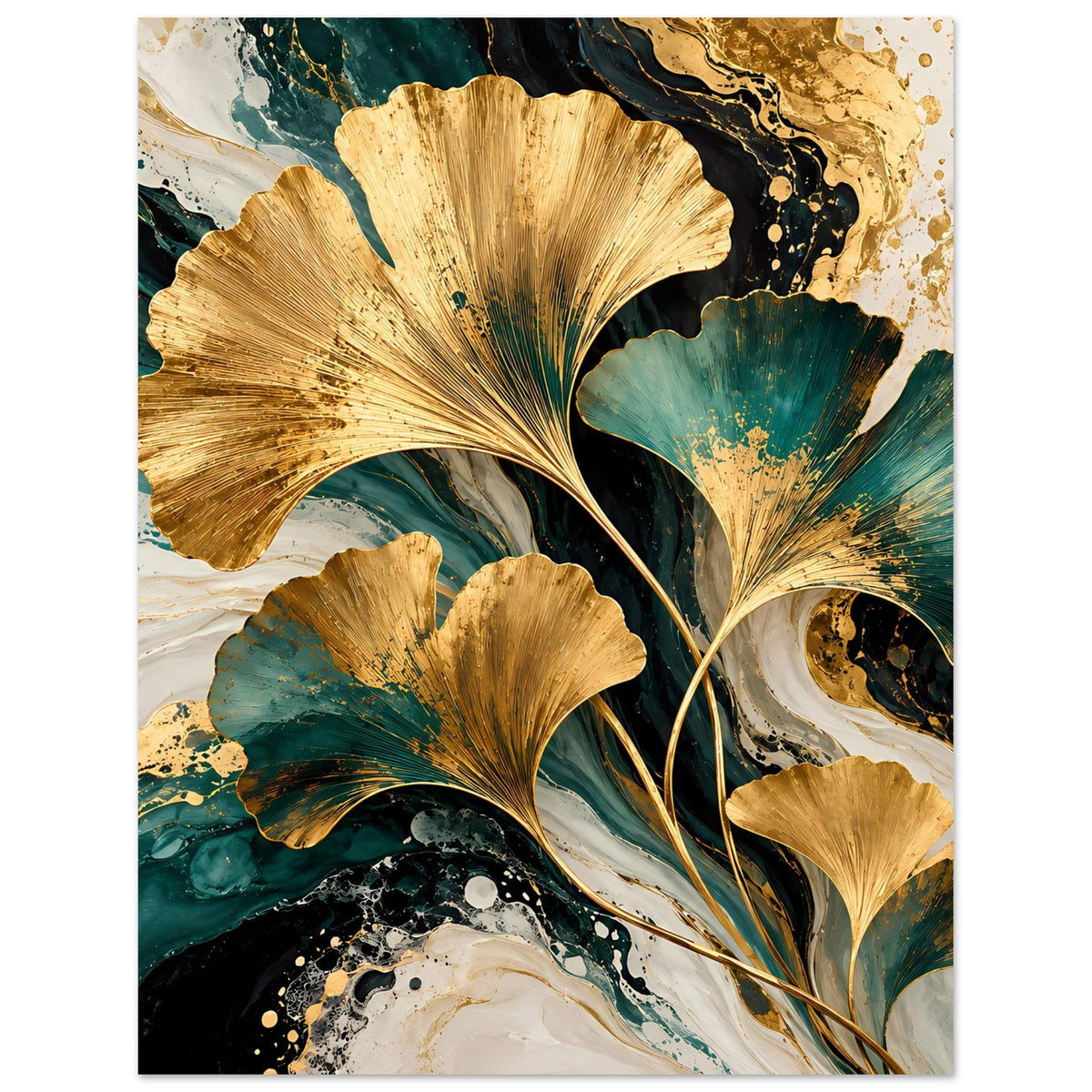 Naturposter mit goldenen Ginkgo-Blättern auf türkis-schwarz-weißem Farbverlauf und Spritztextur