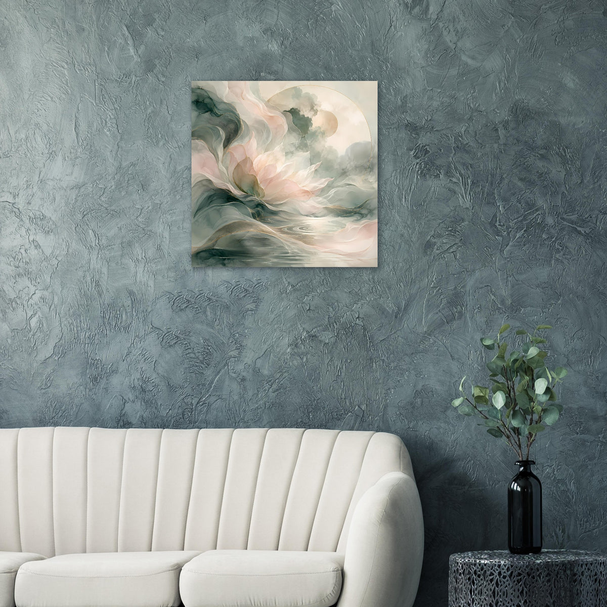 Wandposter mit abstraktem Blumenwellen-Motiv in Grün, Rosa und Creme auf mattem Papier