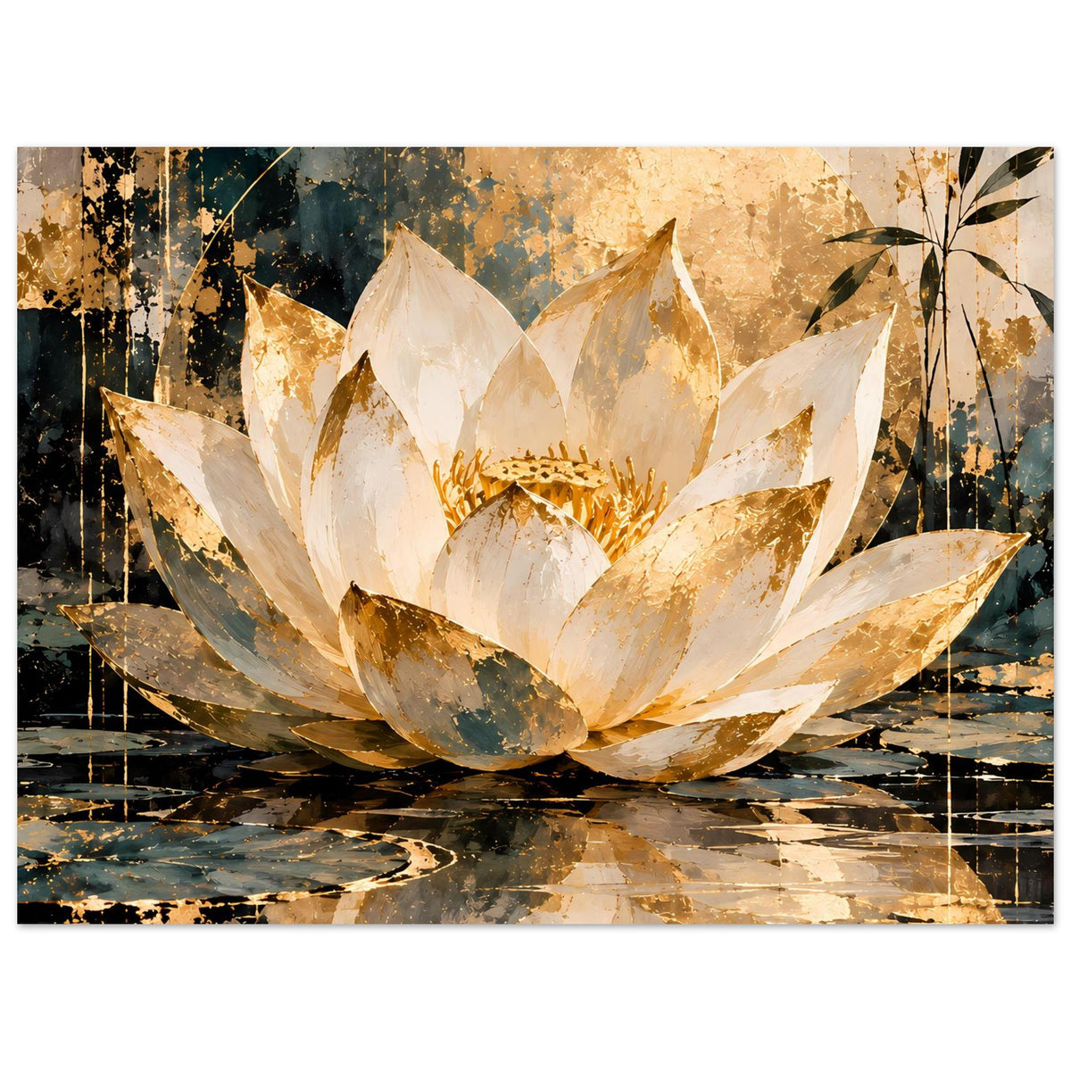 Lotus-Papierkunst-Poster, Querformat: Lotusblüte creme-golden mit dunklen Streifen und Reflexionen