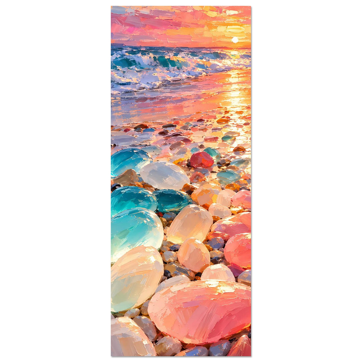 Wandposter hochkant mit Strandsteinen und glitzerndem Sonnenuntergang, Wasser