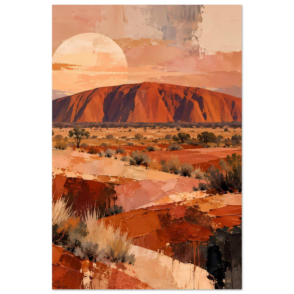Wandposter Wüstenlandschaft mit Felsberg, Sonne und Sanddünen, warme Erdtöne, hochformat