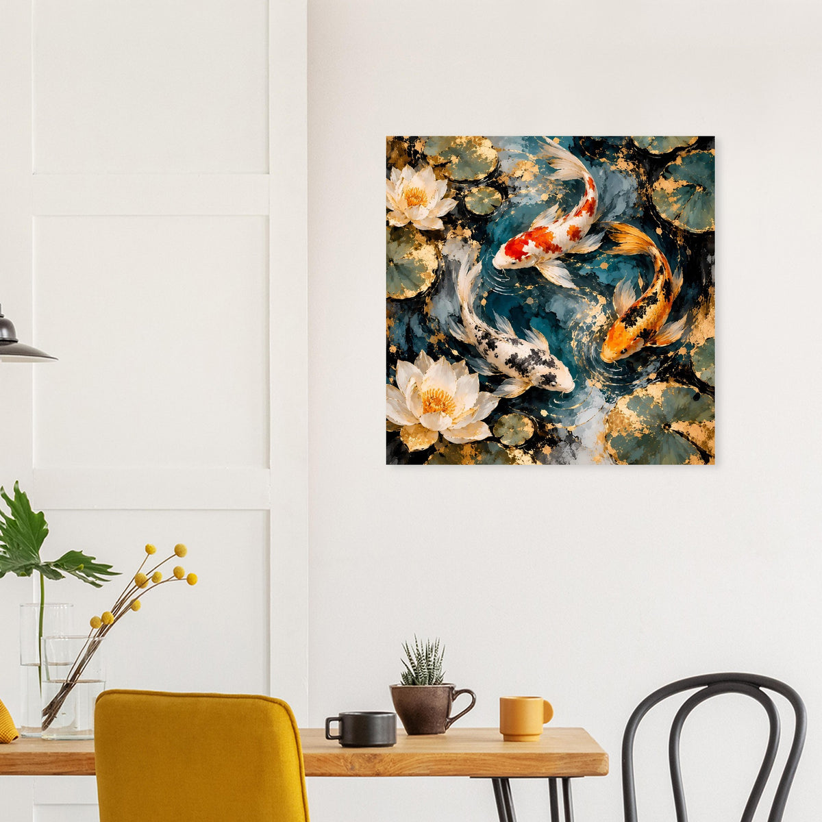 Quadratisches Kunstposter mit Koi-Fischen im Wasser und hellen Seerosenblüten