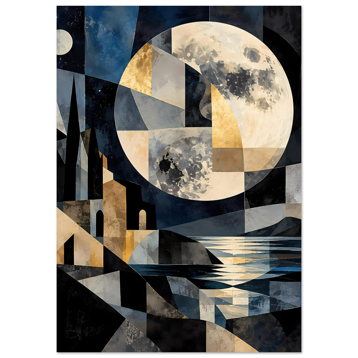 Poster im Hochformat mit geometrischem Mond- und Landschaftsmotiv in Blau/Grau/Gold