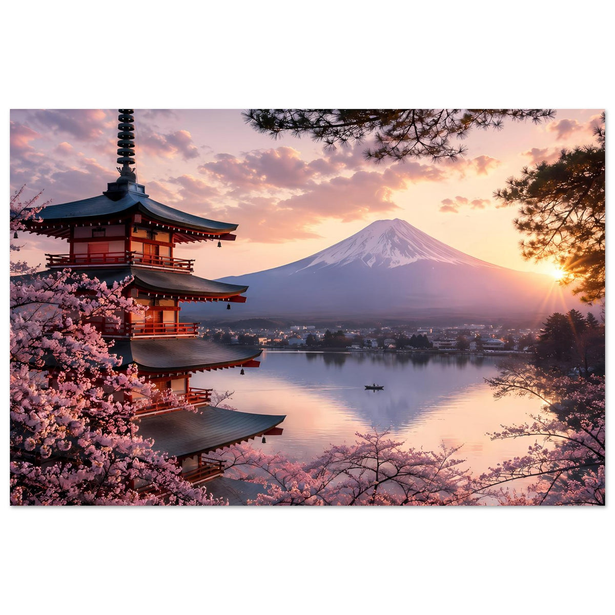 Querformat-Poster mit Pagode am Seeufer, Kirschblüten und Berg Fuji bei Sonnenuntergang