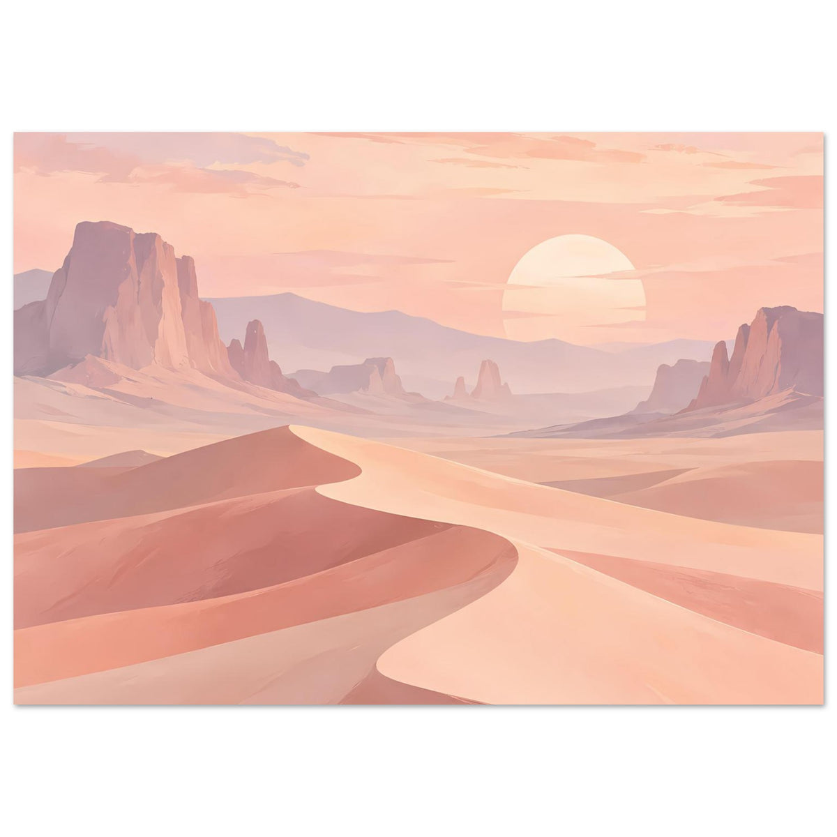 Wandposter mit Sanddünen und Felsformationen, großer aufgehender Sonne im Pastellhimmel