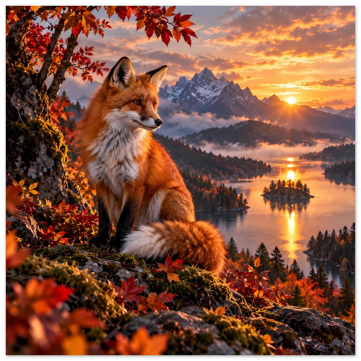Wandposter: Fuchs im Herbstwald, orange Fell mit weißem Brustbereich, Blick rechts