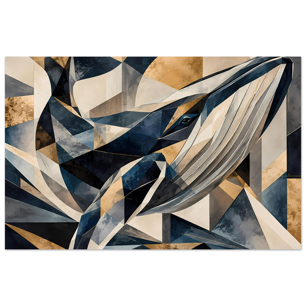 Kunstposter mit geometrischem Wal-Motiv in Blau, Gold und Creme, horizontal