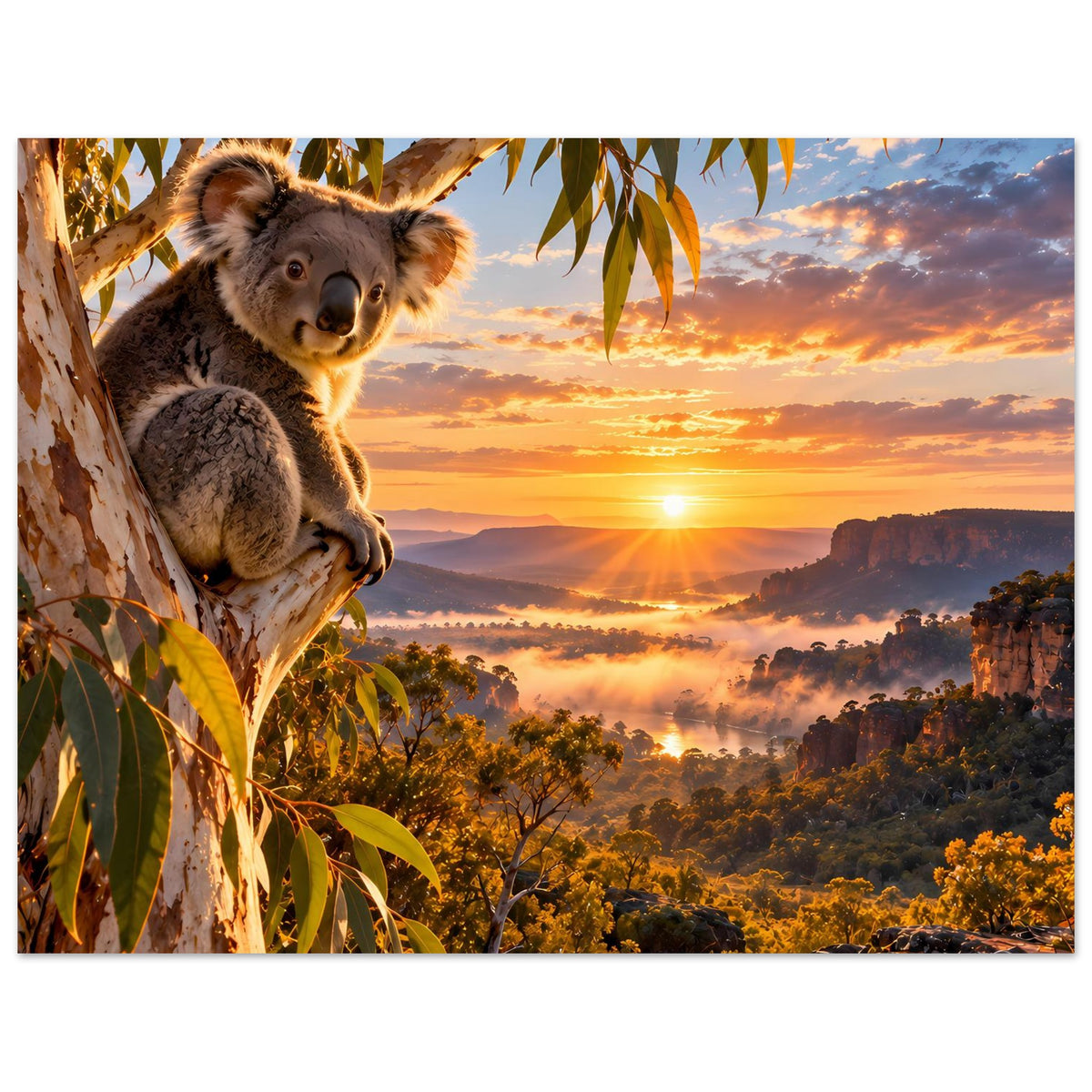 Wandposter im Querformat: Koala am Baum, Abendsonne über Landschaft mit Dunstschichten