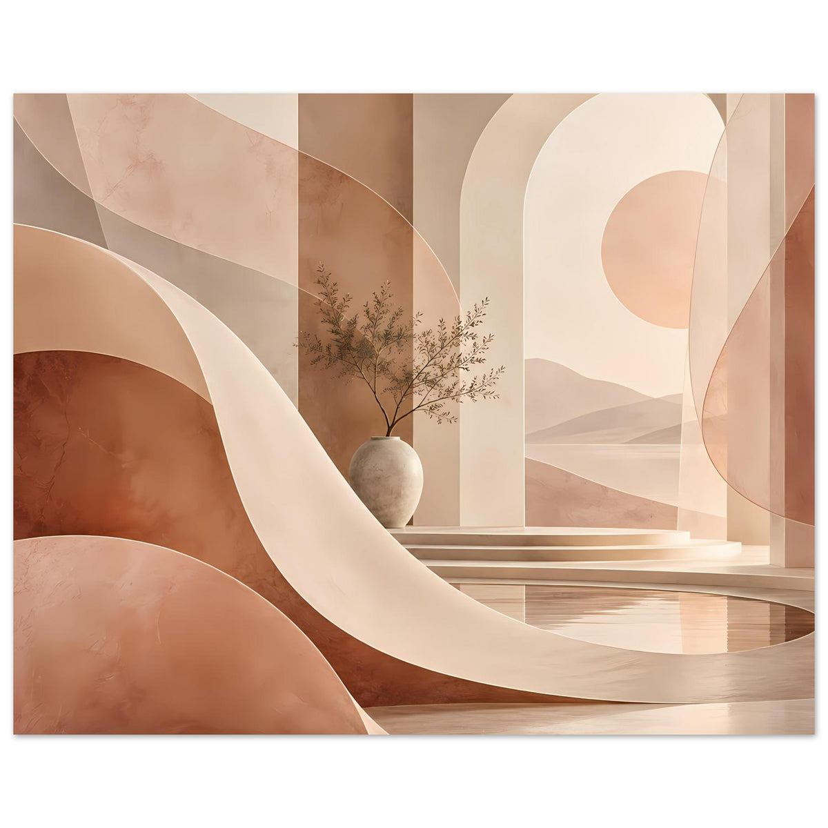 Abstraktes Poster (Querformat) mit geschwungenen Bögen, Terrakotta und Beige, Vase mit Zweigen