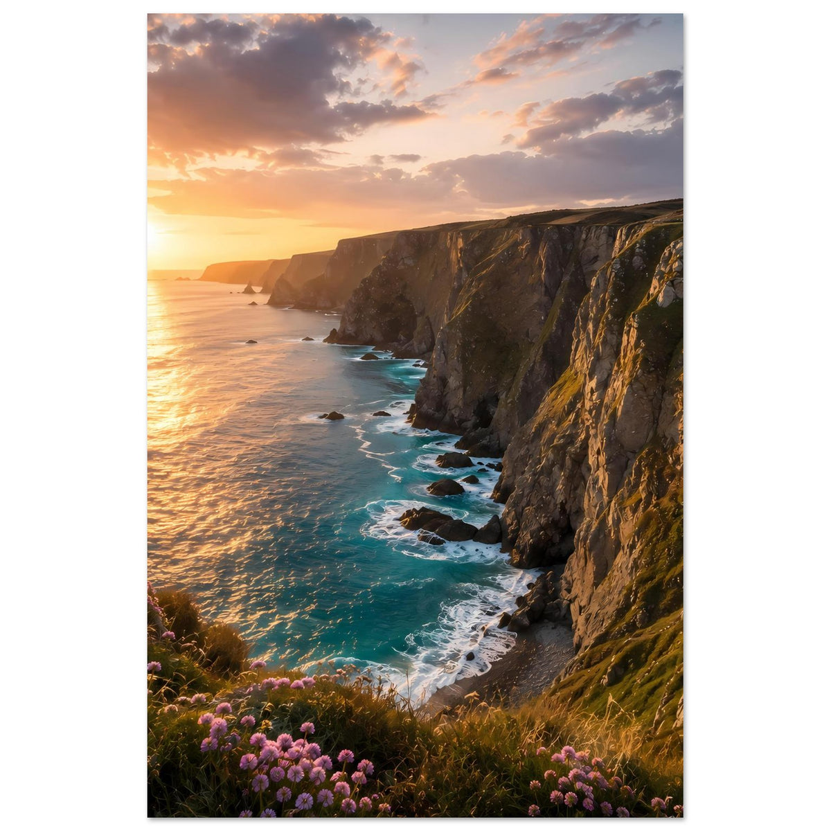 Küsten-Sonnenuntergangsposter (hochkant): Klippen, Meer und violette Wildblumen im Vordergrund