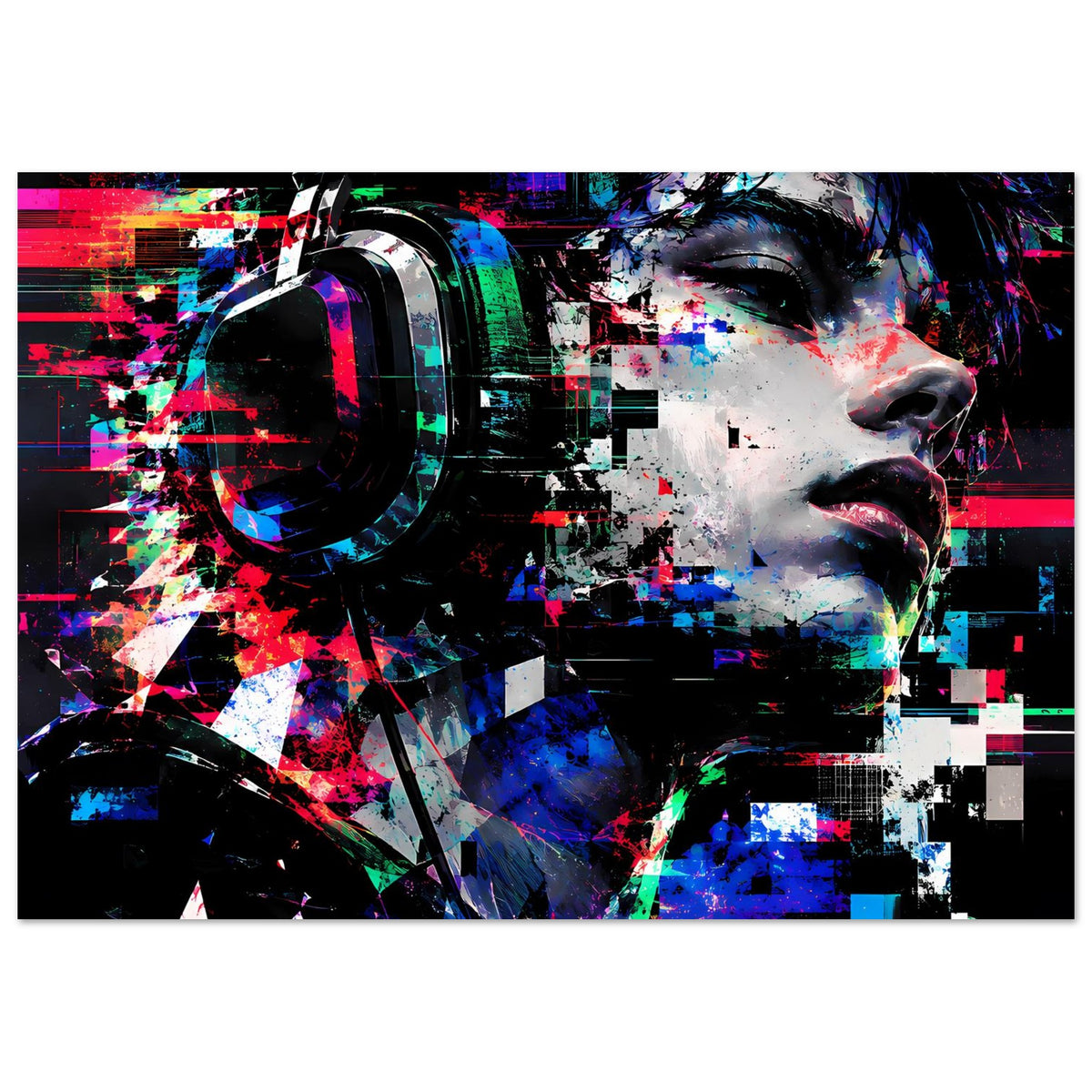 Querformat-Wandposter mit abstraktem Gesicht, Neonpuls und grafischen Pixel-Elementen