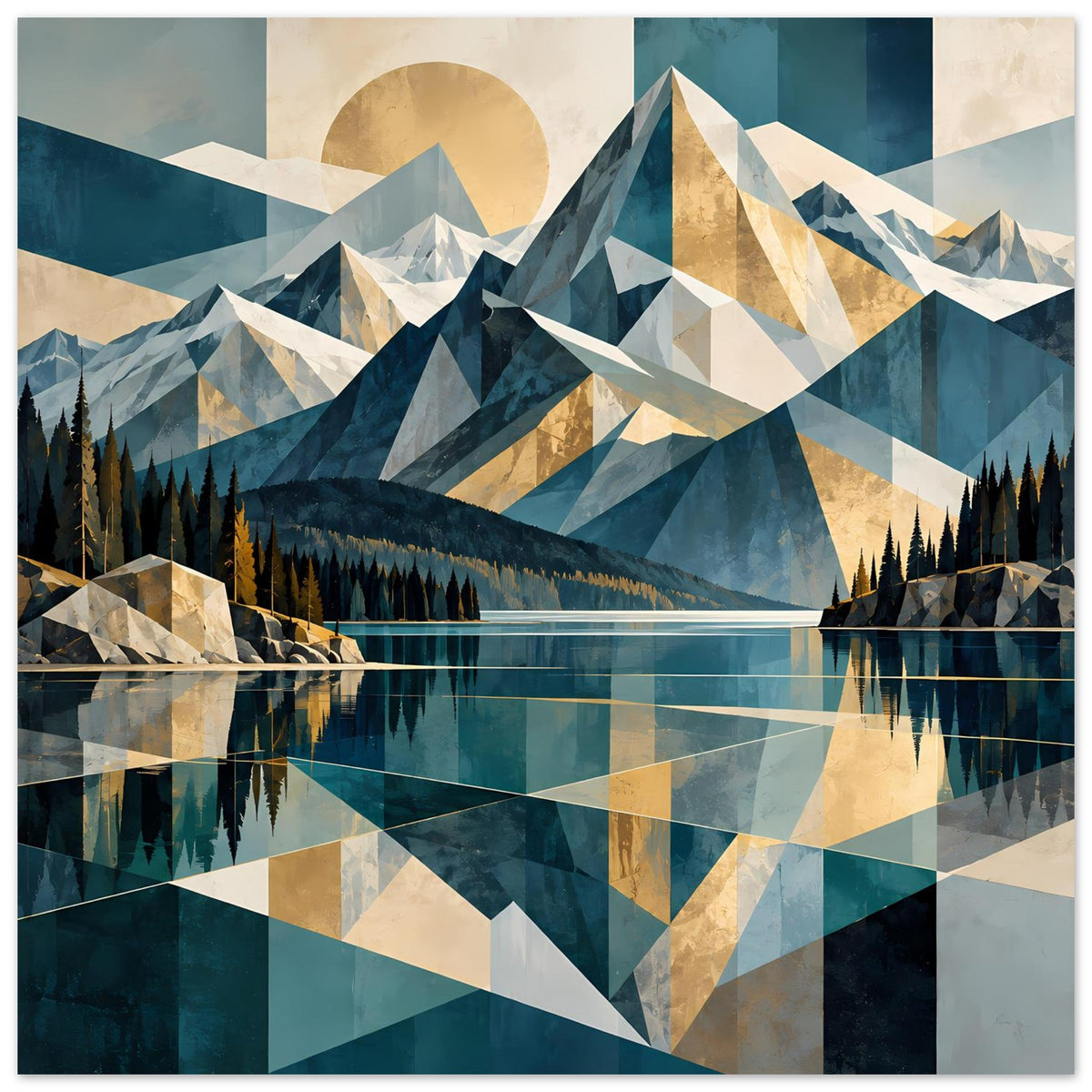 Wandposter im Hochformat mit geometrischen Bergen, Sonnenkreis, Tannenwald und See