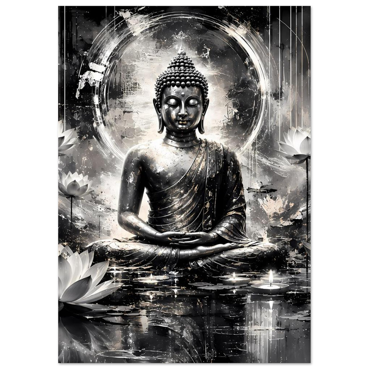 Schwarz-weißes Buddha-Kunstposter, sitzender Buddha zentral mit Mandorla und Lotusmotiv