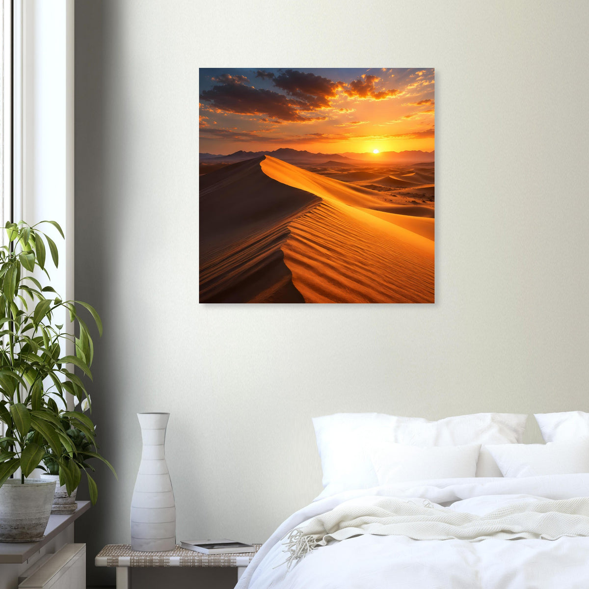Quadratisches gerahmtes Poster mit Blick in die Sanddünen und tiefem Sonnenuntergang
