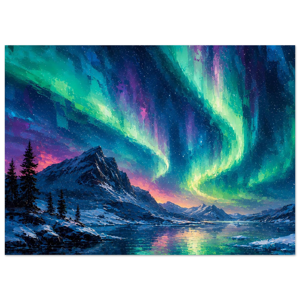 Fine-Art-Poster im Querformat: Nordlicht über verschneiter Landschaft mit Fluss und Bergen.