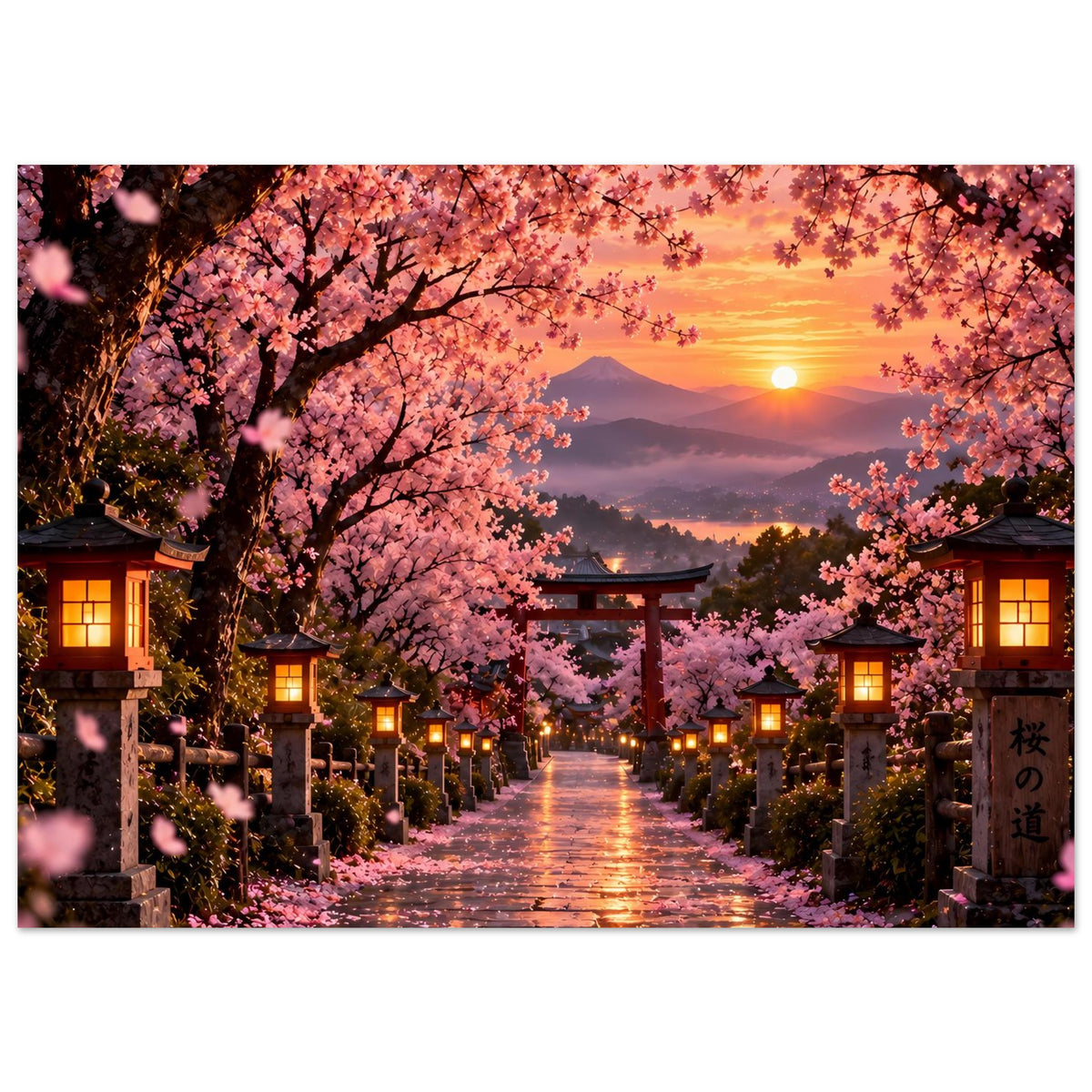 Sakura-Poster im Querformat mit Kirschblütenallee, Torii und Laternen bei Sonnenuntergang