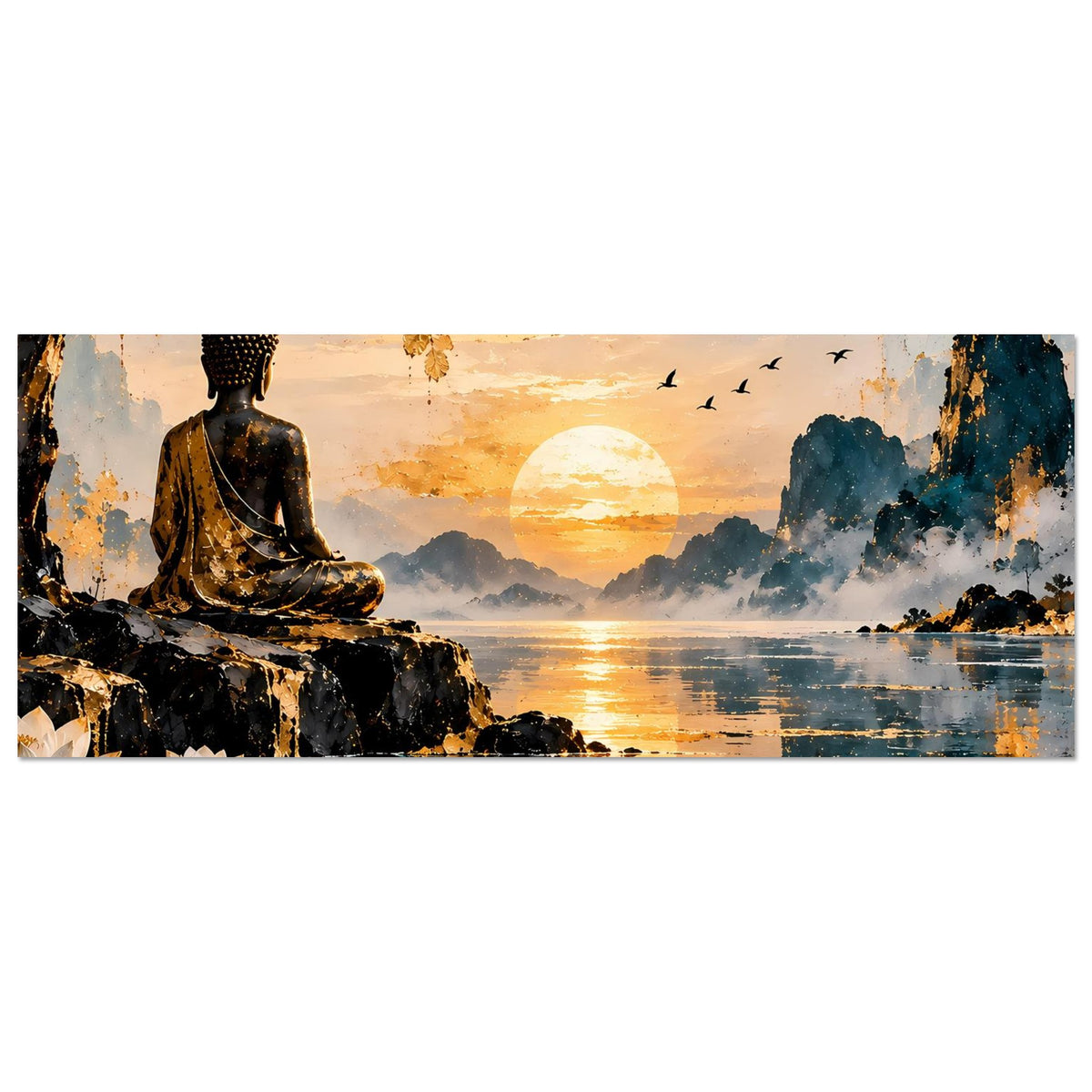 Horizontales Poster: sitzender Buddha, gold-blauer Sonnenuntergang, Lotus und Vögel