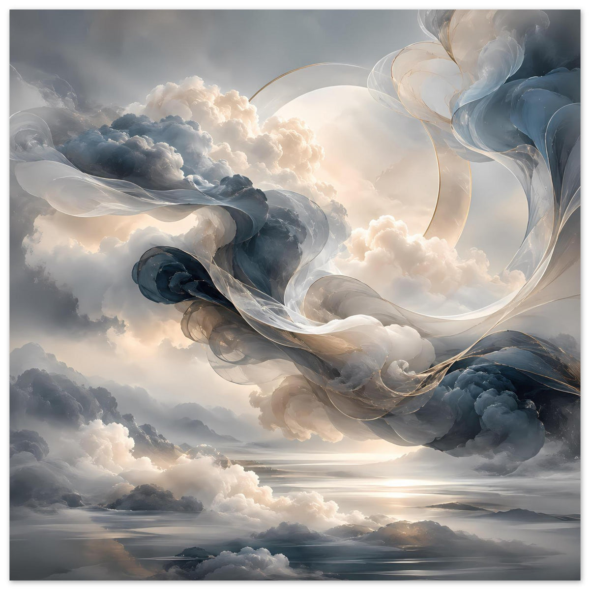 Wolkenlandschaft-Poster mit dichten Wolken und silbrigem Lichtband am Horizont