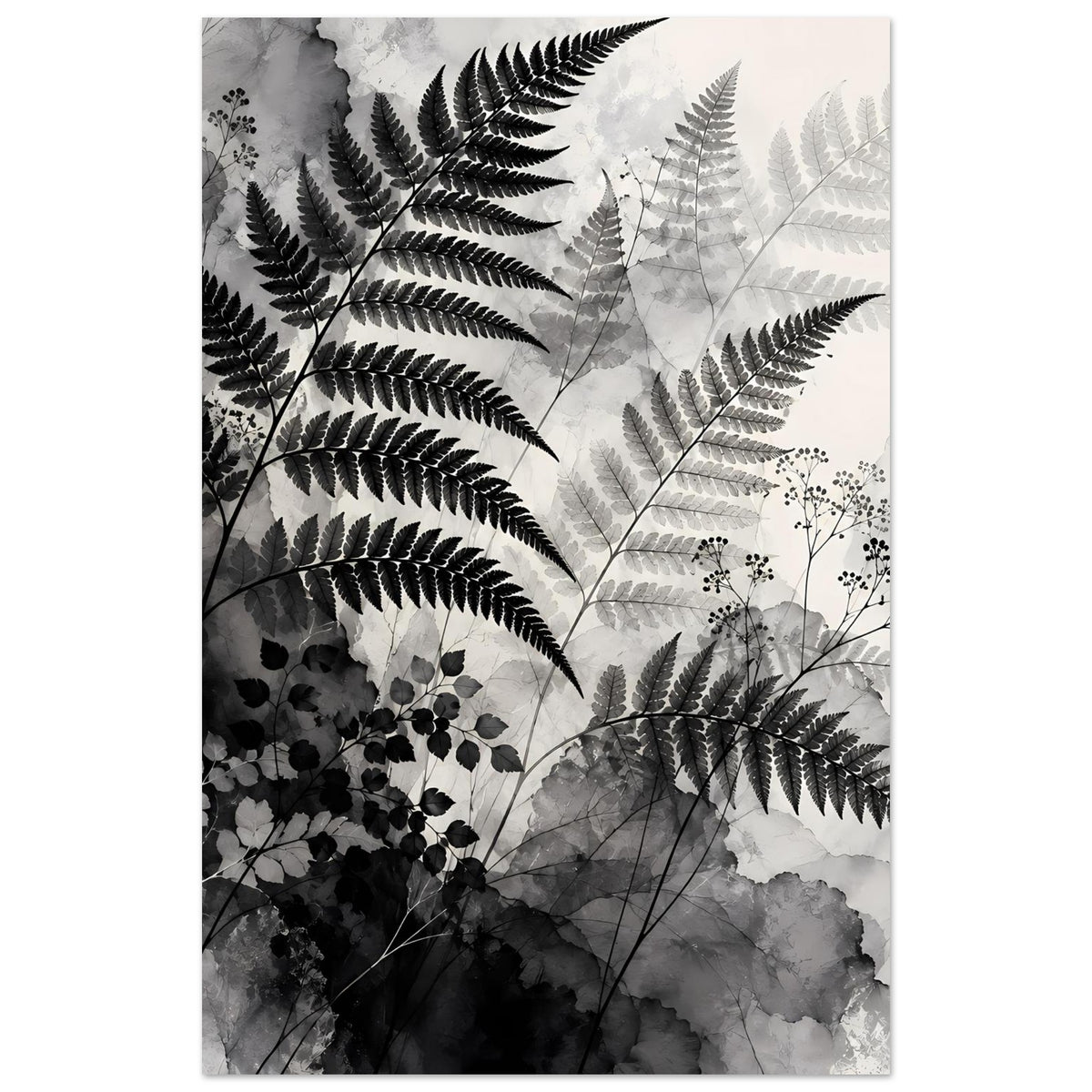 Botanisches Kunstposter (hochkant) mit Farnwedeln, Blattzweigen und Punkten in Schwarzweiß.