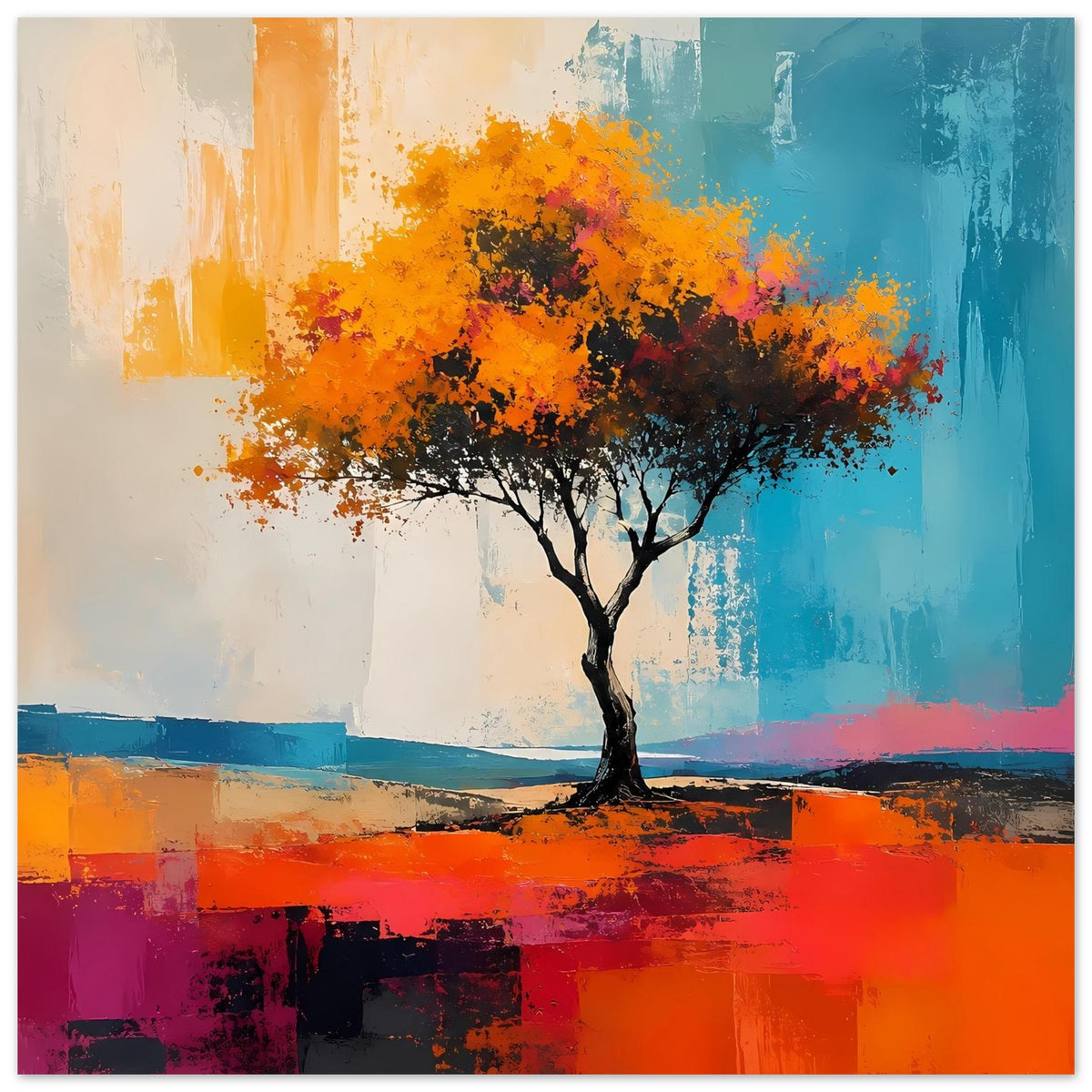 Abstraktes Poster mit Baum und farbiger Textur: orange Blätter, türkisblauer Hintergrund, kräftige Streifen
