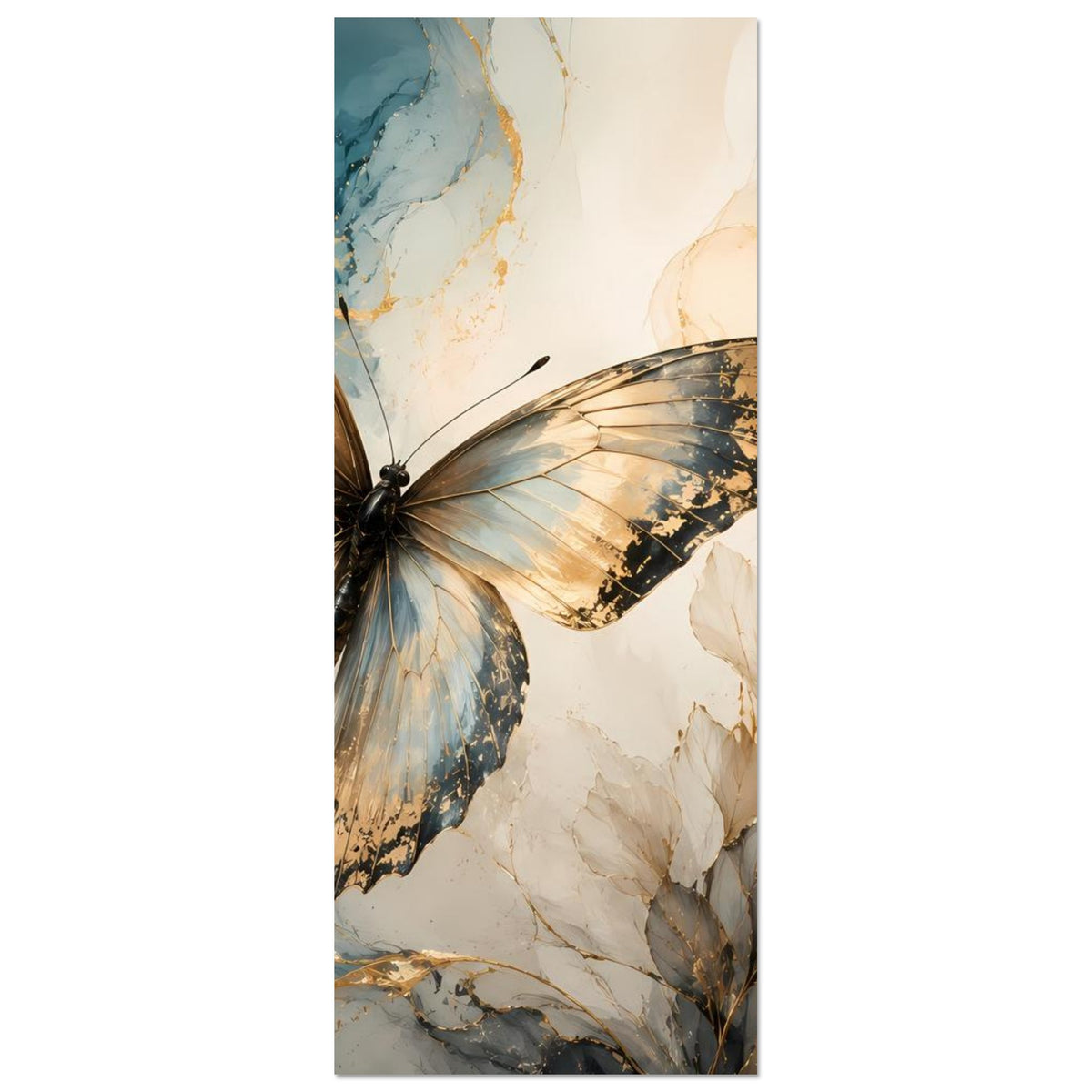 Schmetterlingsposter im Hochformat, Ausschnitt: gold-blauer Schmetterling und Blätter