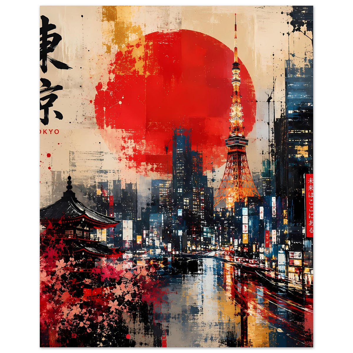 Abstraktes Poster mit Tokio-Skyline, roter Sonne, Tokio-Tower und vertikaler Schrift rechts
