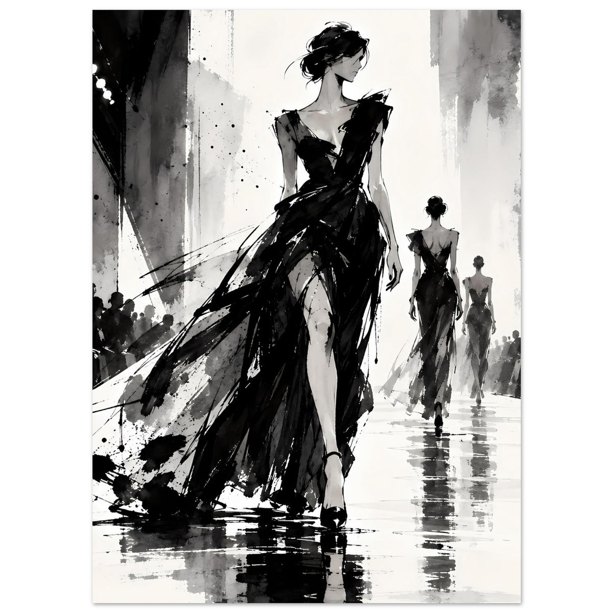Mode-Illustrationsposter: schwarze Silhouette einer Frau im Kleid, länglicher Kleidsaum im Vordergrund
