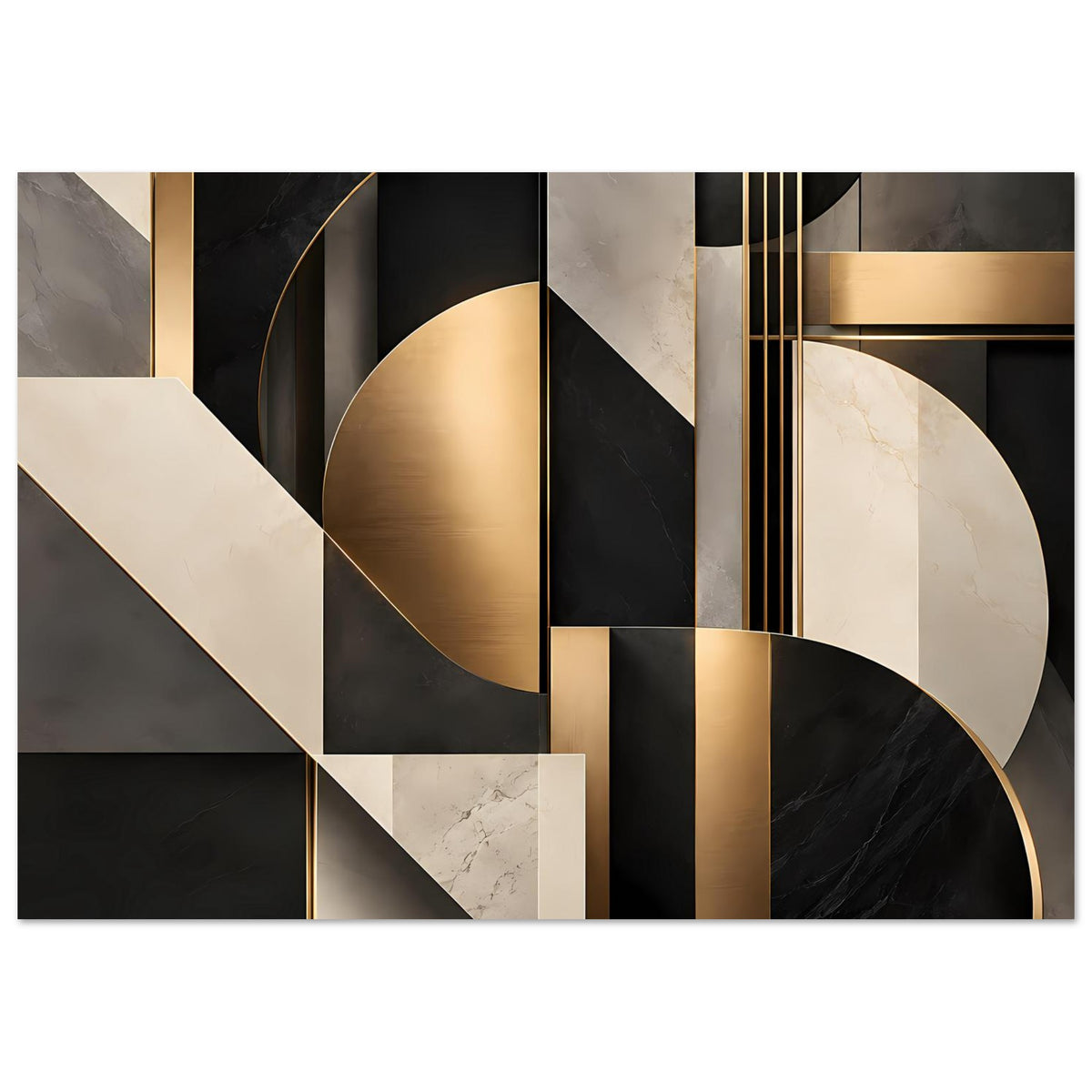 Geometrisches Kunstposter Nahansicht: schwarzer Hintergrund, cremefarbene Streifen und goldene Bögen