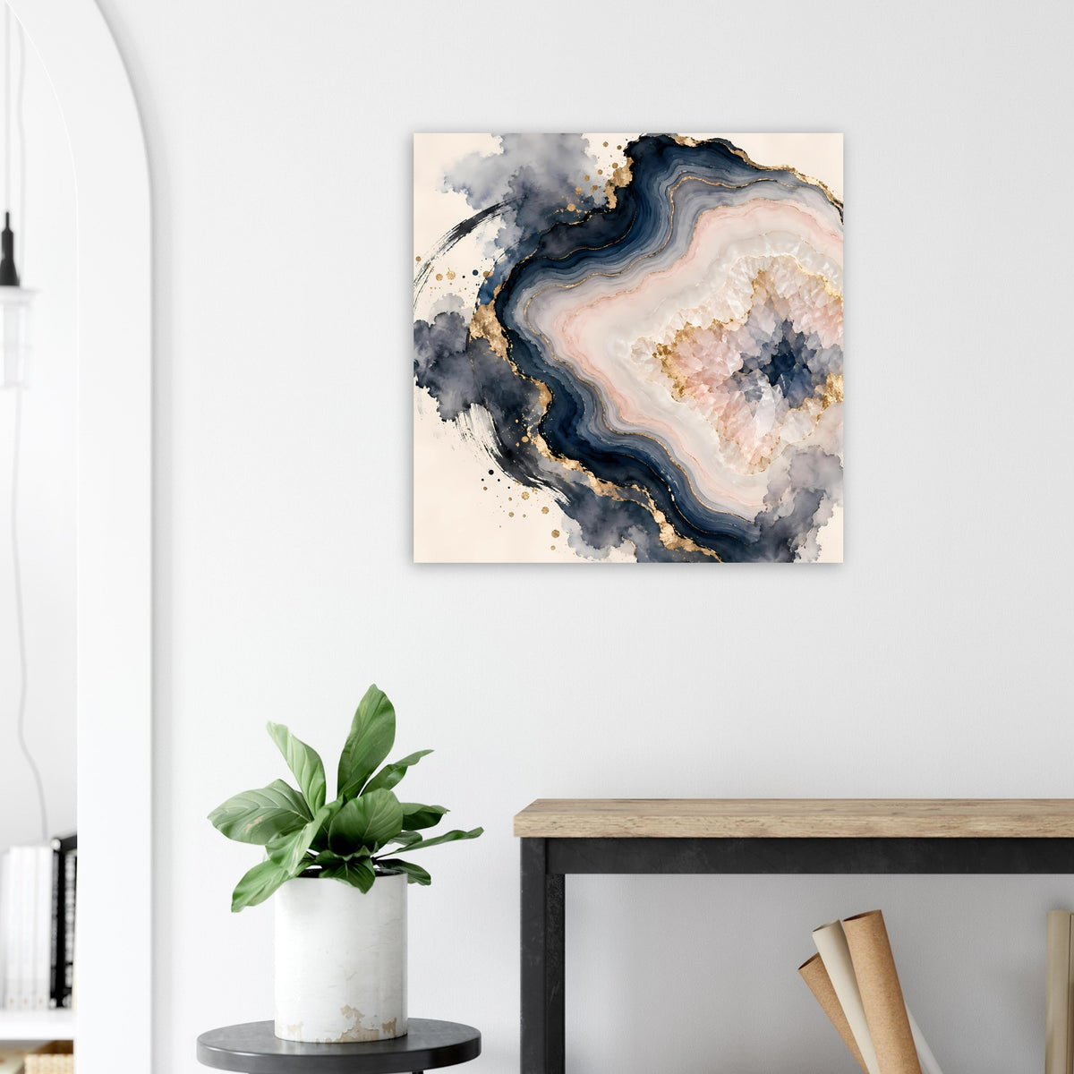 Abstraktes Geoden-Poster in Rosé, Blau und Gold, quadratisch