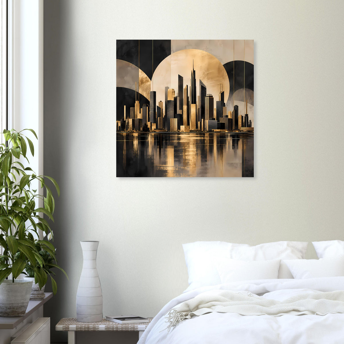 Gold-schwarzes Stadtposter mit Skyline unter goldenem Halbmond und Wasserreflexen