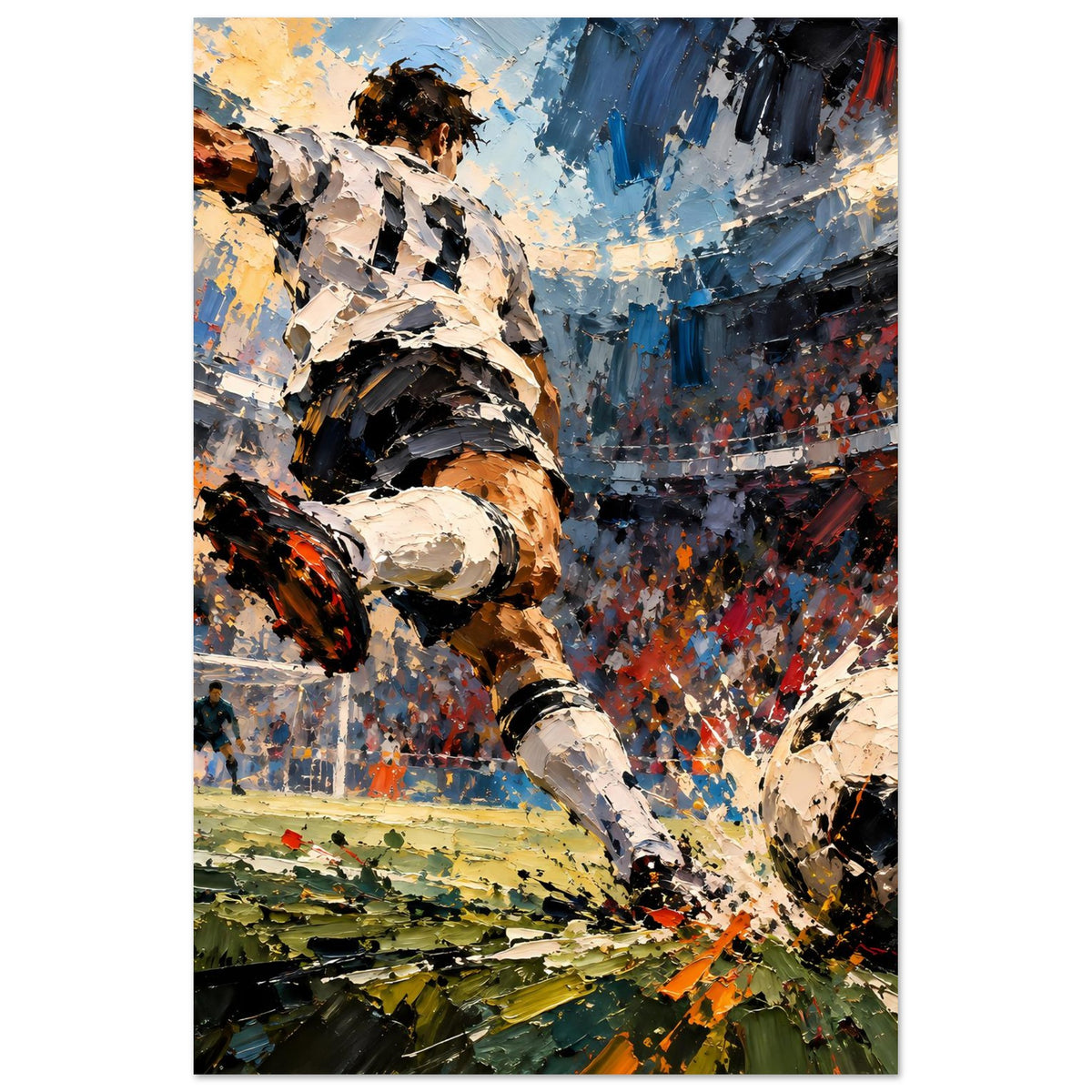 Vertikales Fußball-Actionposter: Spielerbewegung, Torraum links, Ball rechts, kontrastreiche Farbflächen