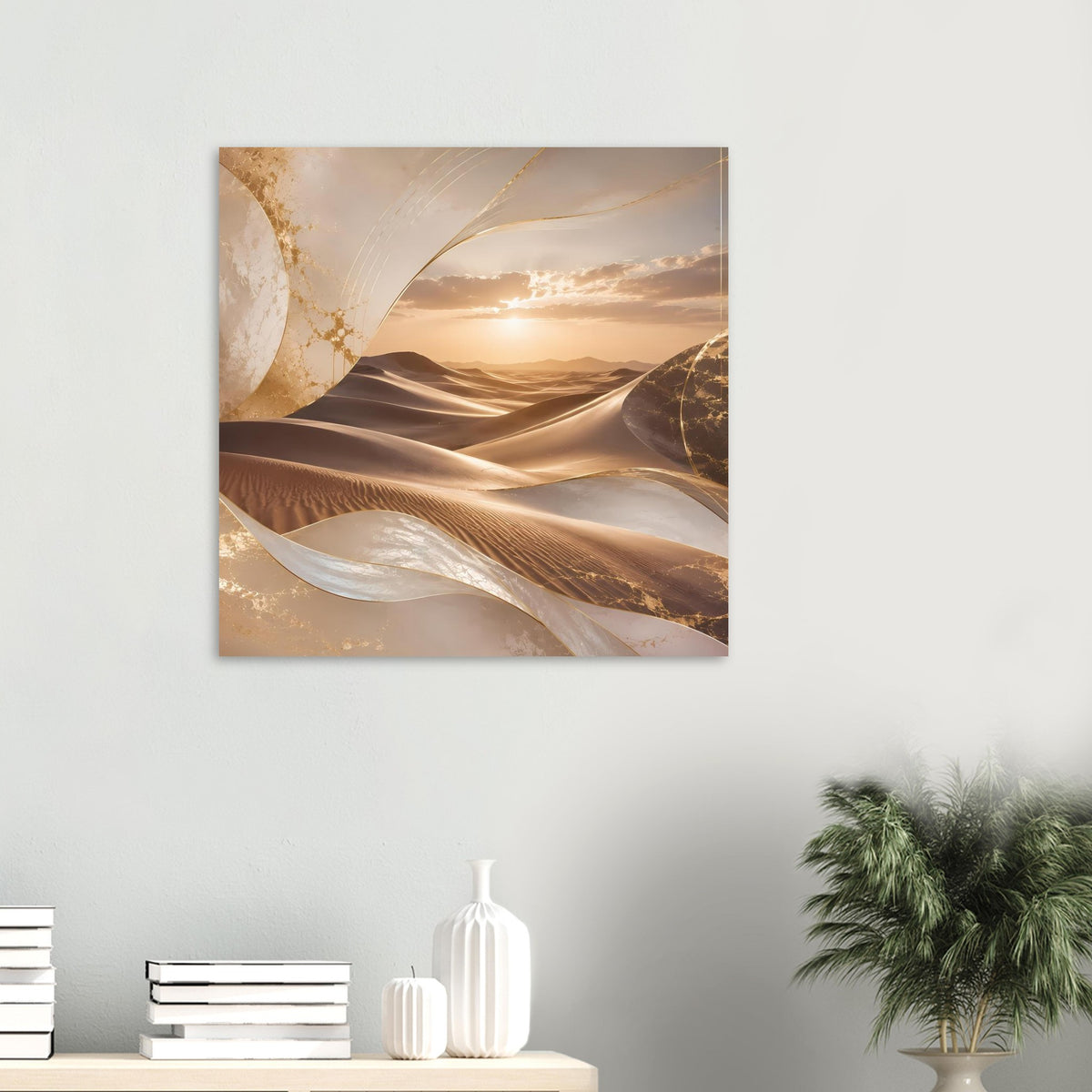 Quadratisches Poster mit Wüstenlandschaft, Dünen und goldenem Sonnenuntergang