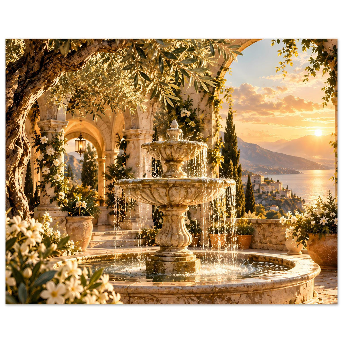 Querformat-Poster: Springbrunnen auf Steinterrasse mit üppigen Blättern und Abendsonne
