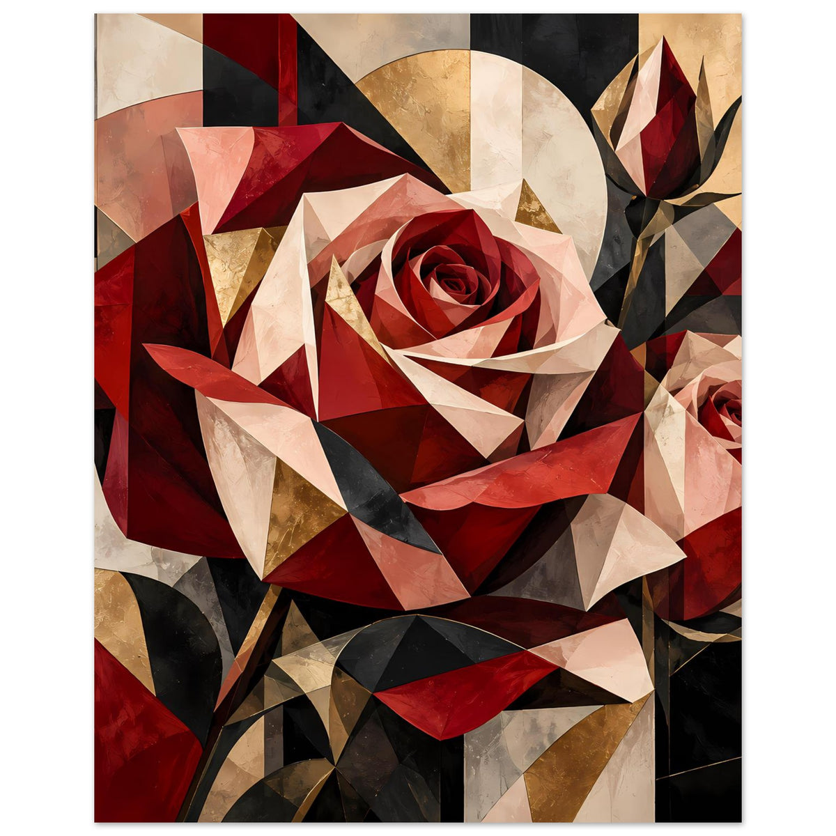 Geometrisches Blumenposter mit großer Rose in Rot, Gold und Beige, Detailansicht, gerahmt