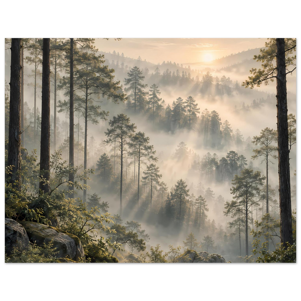 Wandposter mit nebligem Wald und Sonnenaufgang, vielen Baumstämmen, Fels und Farnen