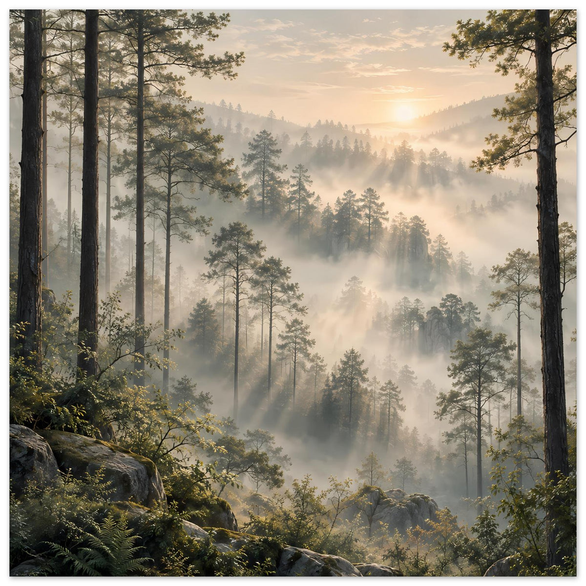 Waldlandschafts-Poster im Hochformat: Bäume im Dunst, warmes Licht und Felsen unten