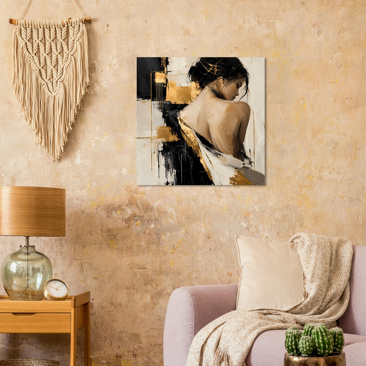 Abstraktes Damenportrait-Poster im Querformat, schwarz-gold & beige mit beiger Figur