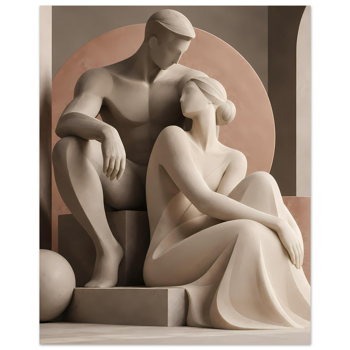 Kunstposter mit Liebespaar-Skulptur in sanften Erdtönen, sichtbare Kugel und Podest