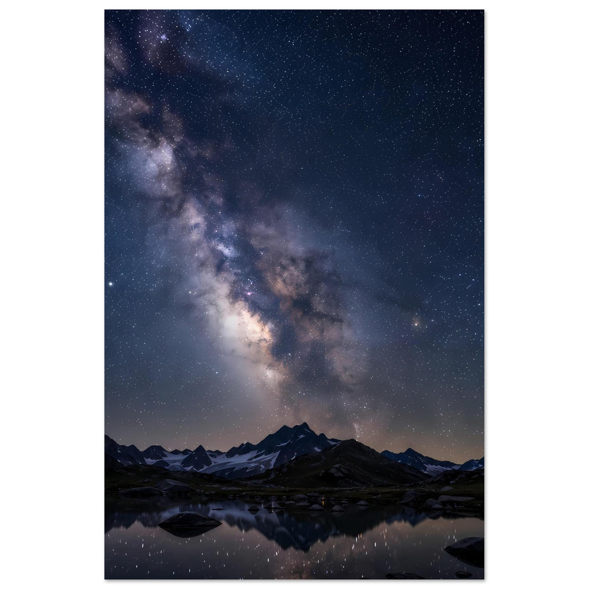 Hochformat-Poster mit Milchstraße, Bergsilhouetten und spiegelndem See