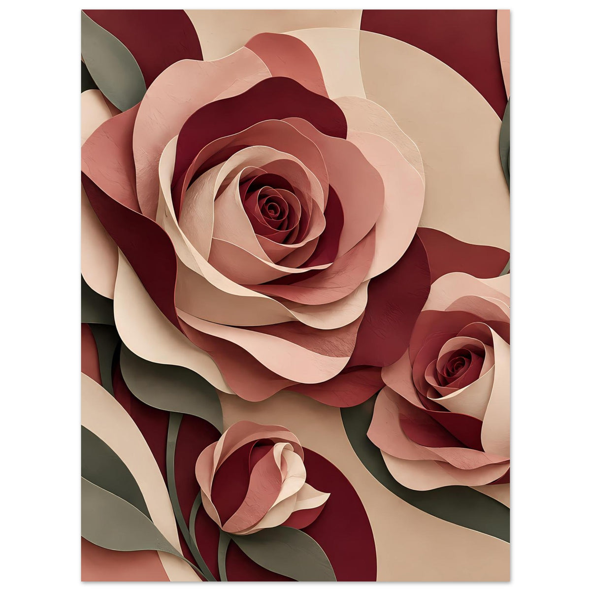 Florales Kunstposter mit Rosen in Burgunder, Rosé und Beige