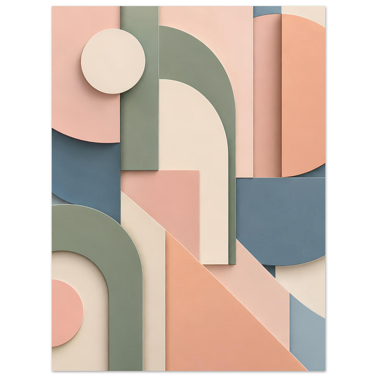 Kunstposter-Design mit überlappenden Kreissegmenten, Farben Terrakotta, Salbeigrün, Blau