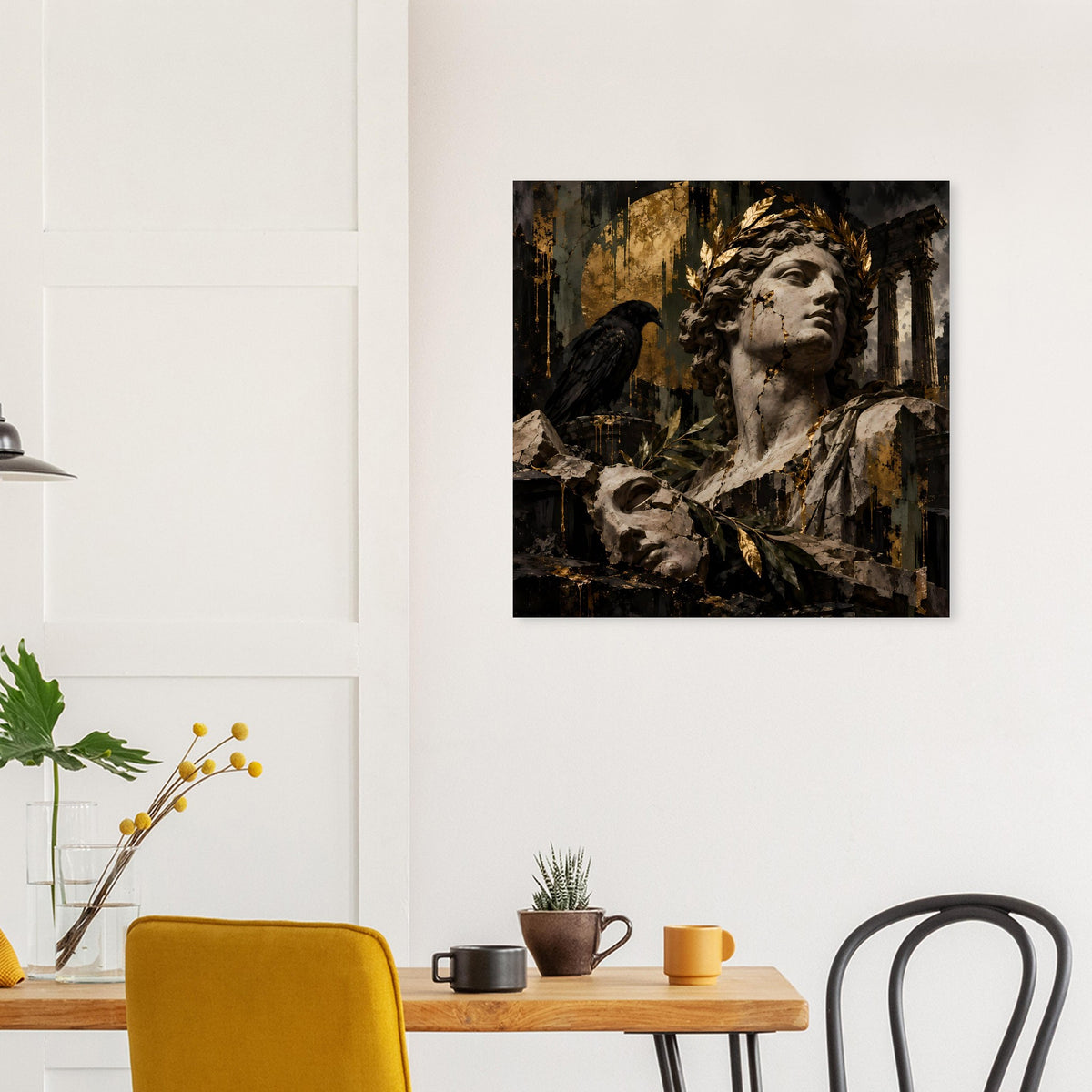 Quadratisches Poster mit düsterem Barock-Porträt, Taube, goldfarbenen Farbakzenten