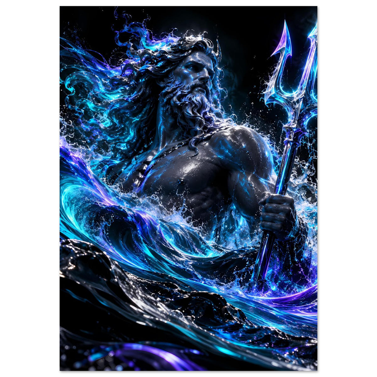 Hochformat-Poster: Poseidon in dunklem Blau, Wasserenergie, Dreizack und wallendes Haar